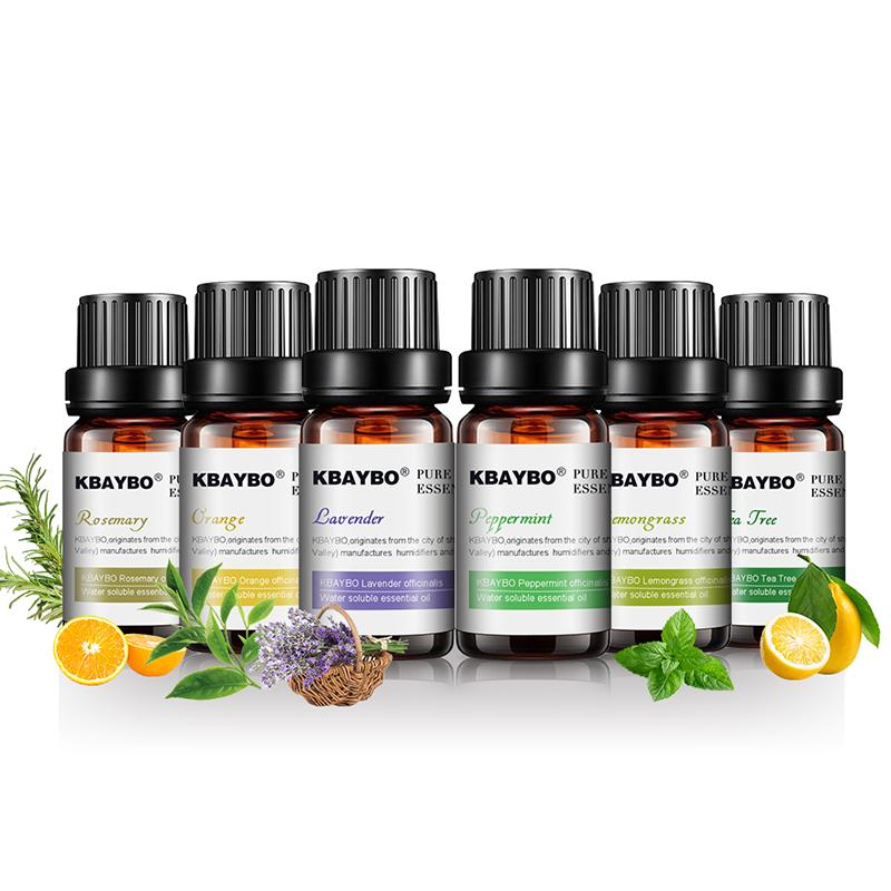Aromatic essential oils for diffuser, featuring six bottles with different fragrances including lavender, tea tree, rosemary, lemongrass, orange, and mint.