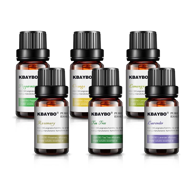 Aromatic essential oils for diffuser, featuring six bottles with different fragrances including lavender, tea tree, rosemary, lemongrass, orange, and mint.