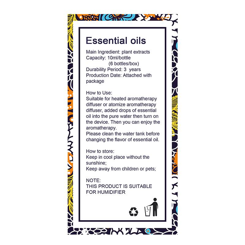 Aromatic essential oils for diffuser, featuring six bottles with different fragrances including lavender, tea tree, rosemary, lemongrass, orange, and mint.
