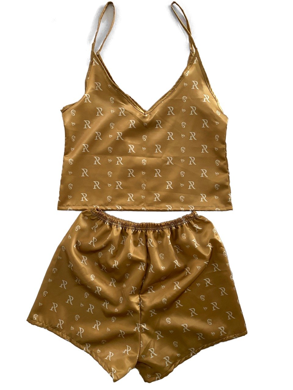 Esme Women's Gold Silk Pajamas Set featuring luxurious gold silk fabric with a relaxed fit, perfect for lounging.
