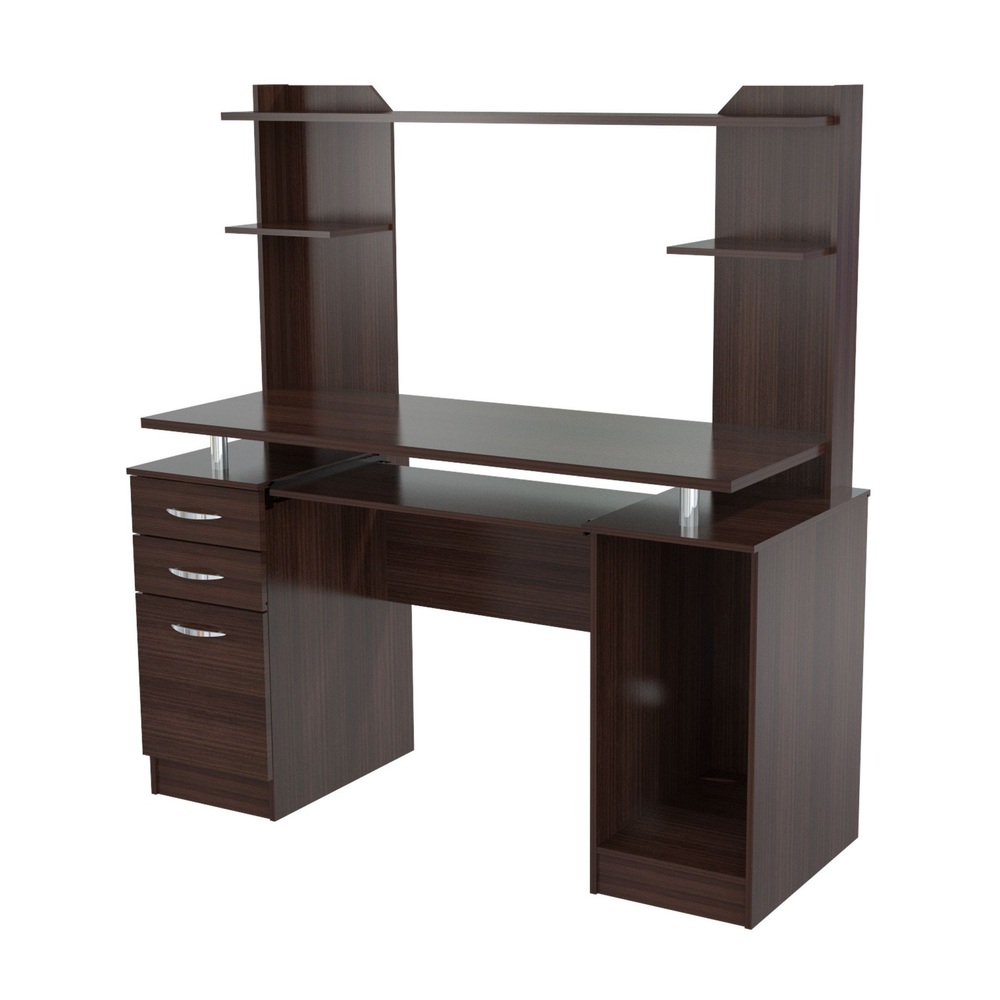 Espresso finish wood computer desk with hutch, featuring two drawers and a spacious work surface, ideal for home office use.
