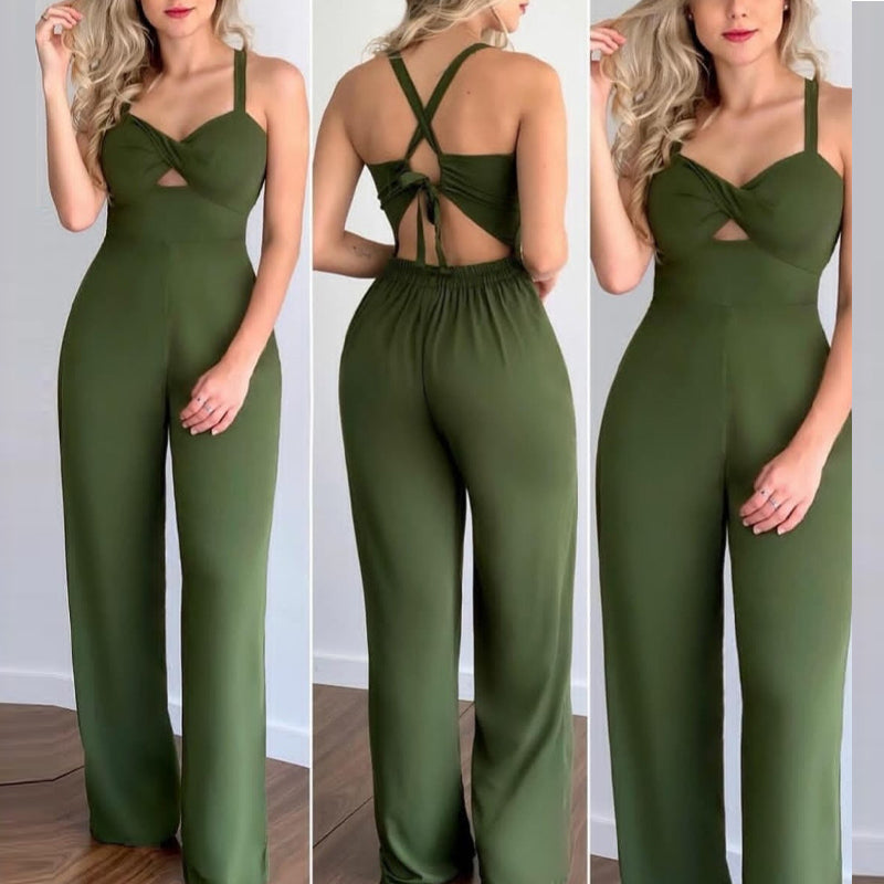 European and American women's hollowed out suspender slim fitting jumpsuit showcasing its elegant design and fabric texture.