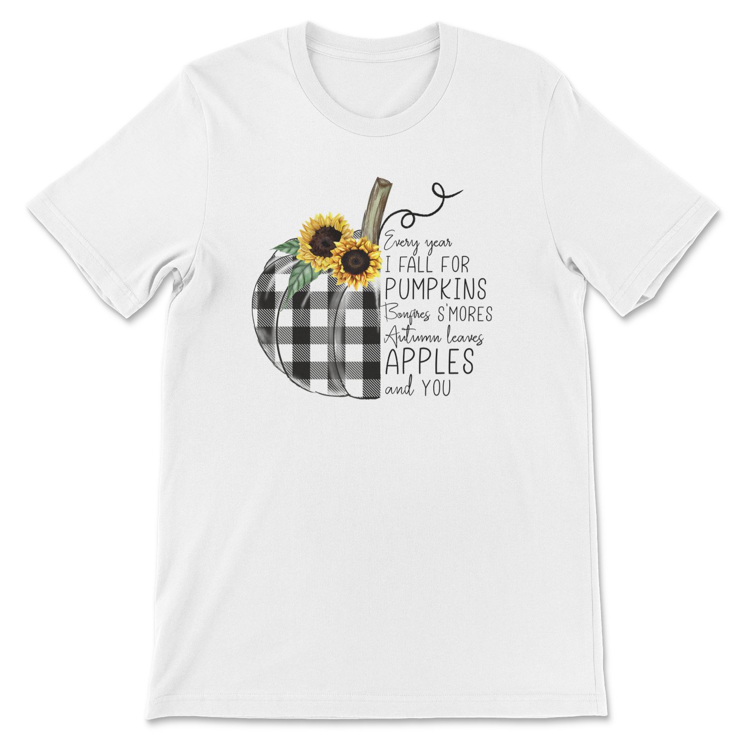 A cozy unisex t-shirt featuring the phrase 'Every Year I Fall For Pumpkins' in vibrant autumn colors, perfect for fall festivities.