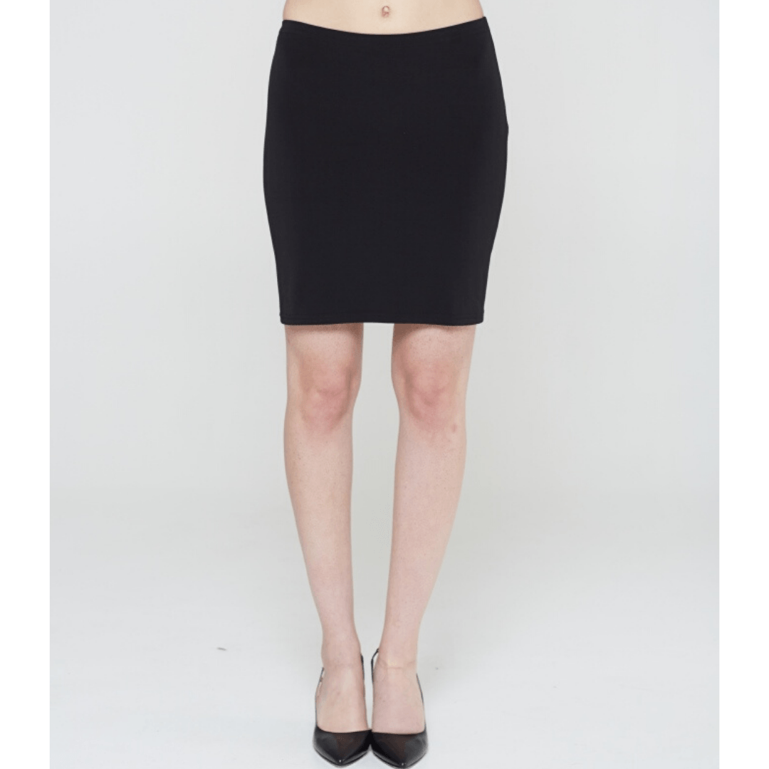 A stylish Extender Mini Skirt displayed in a versatile design, showcasing its wide band elastic waist and soft fabric.