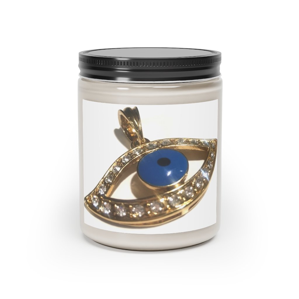 Eye Of Horus Scented Candle in a glass container, featuring a warm Cinnamon Stick and Vanilla fragrance, hand-poured from vegan soy coconut wax.