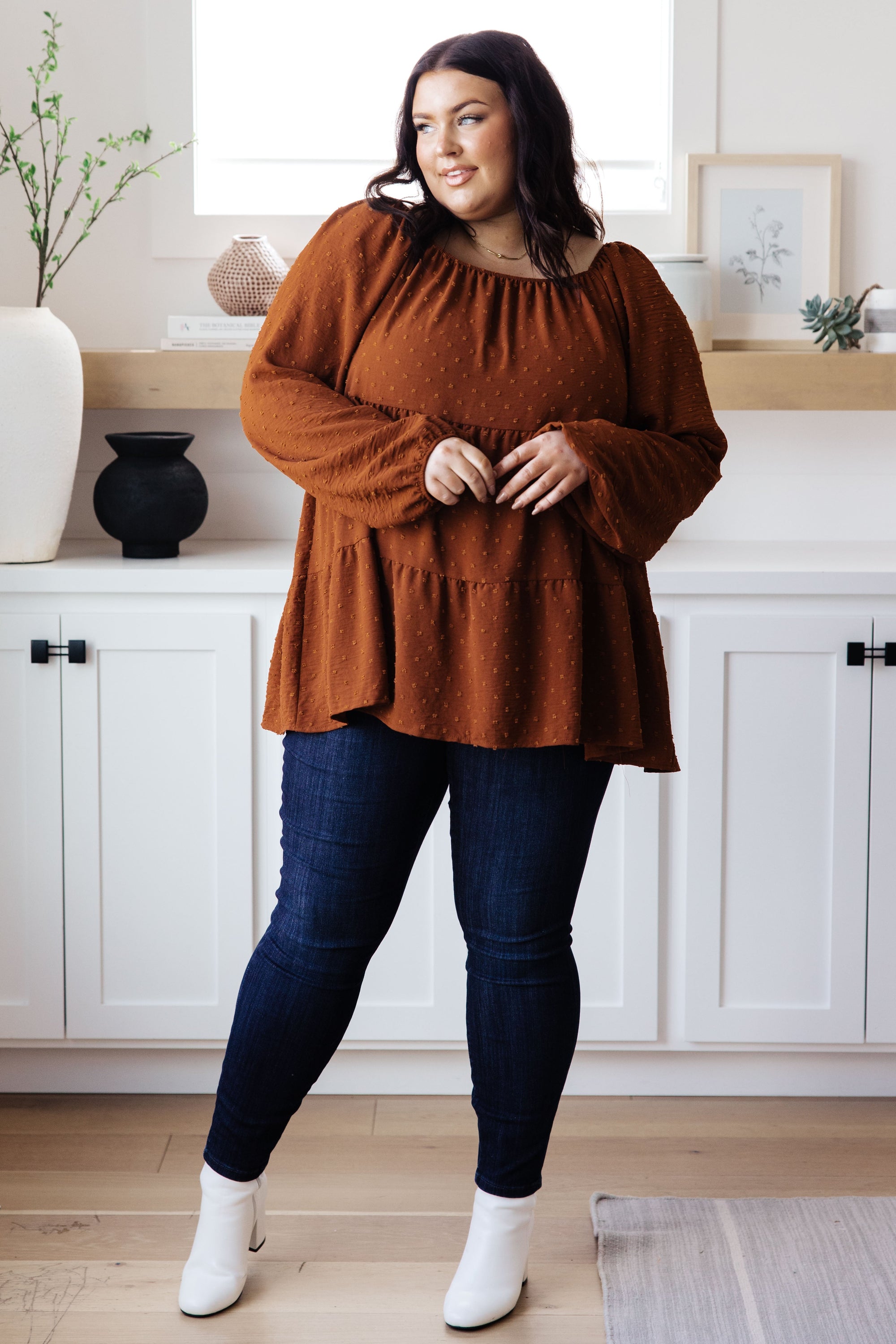 Falling Into You Tiered Babydoll Top featuring Swiss dot fabric, puff sleeves, and a tiered silhouette, perfect for stylish outfits.