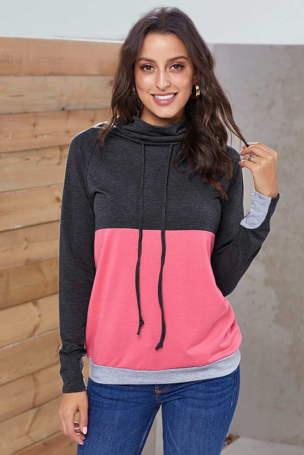 Fashion Charcoal Pink Colorblock Thumbhole Sleeved Sweatshirt featuring a cowl neck and stylish color block design.