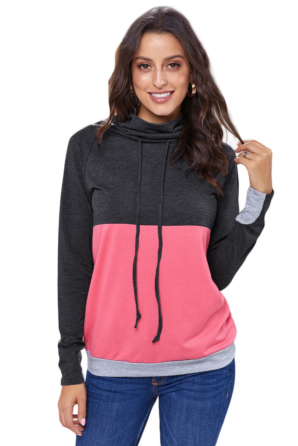 Fashion Charcoal Pink Colorblock Thumbhole Sleeved Sweatshirt featuring a cowl neck and stylish color block design.