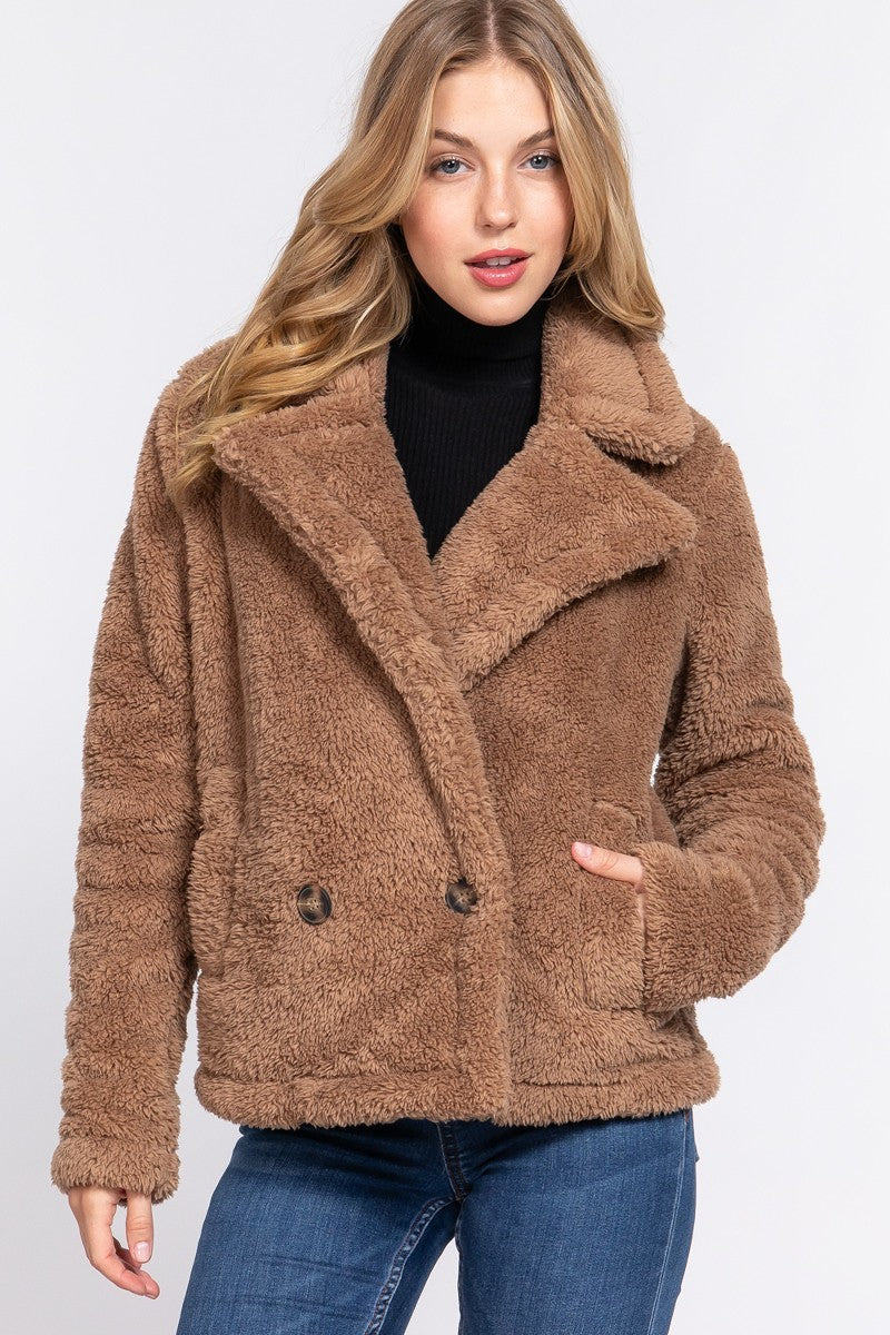 Camel Faux Fur Sherpa Jacket with notched collar, showcasing its luxurious texture and elegant design.