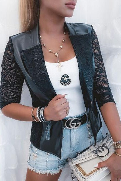 Black faux leather blazer with lace collar and 3/4 sleeves, showcasing elegant design and high-quality craftsmanship.