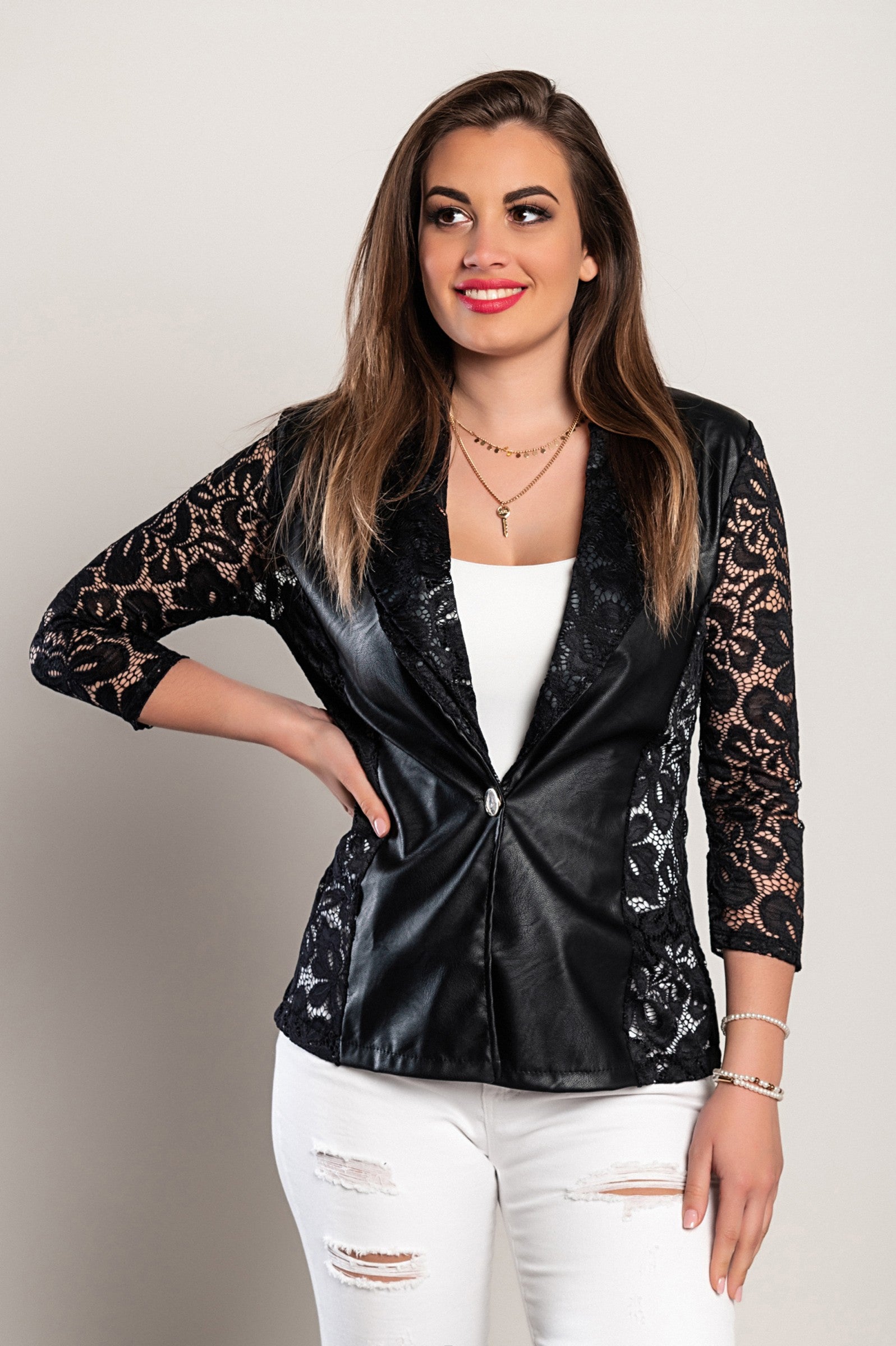 Black faux leather blazer with lace collar and 3/4 sleeves, showcasing elegant design and high-quality craftsmanship.