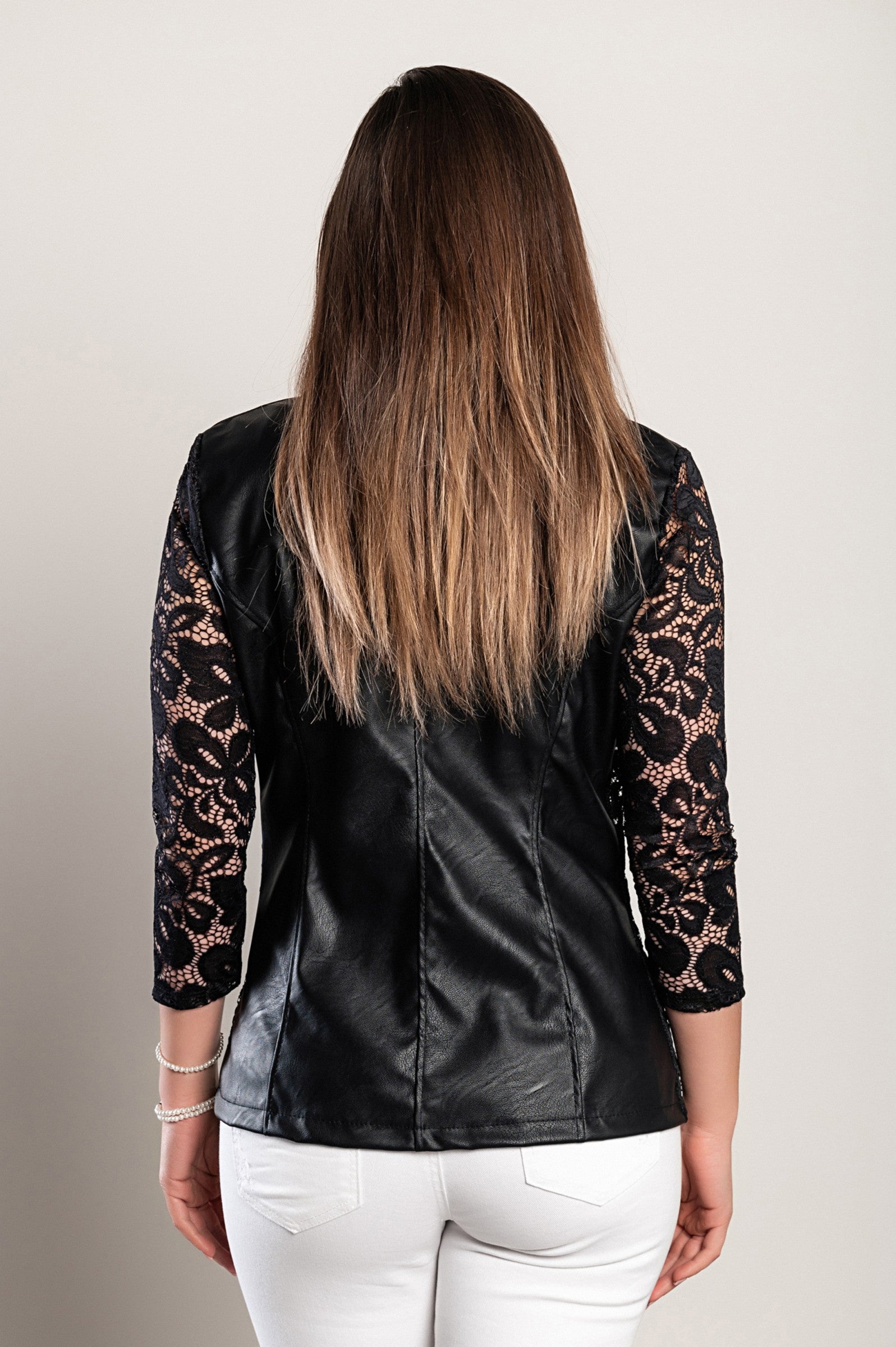 Black faux leather blazer with lace collar and 3/4 sleeves, showcasing elegant design and high-quality craftsmanship.