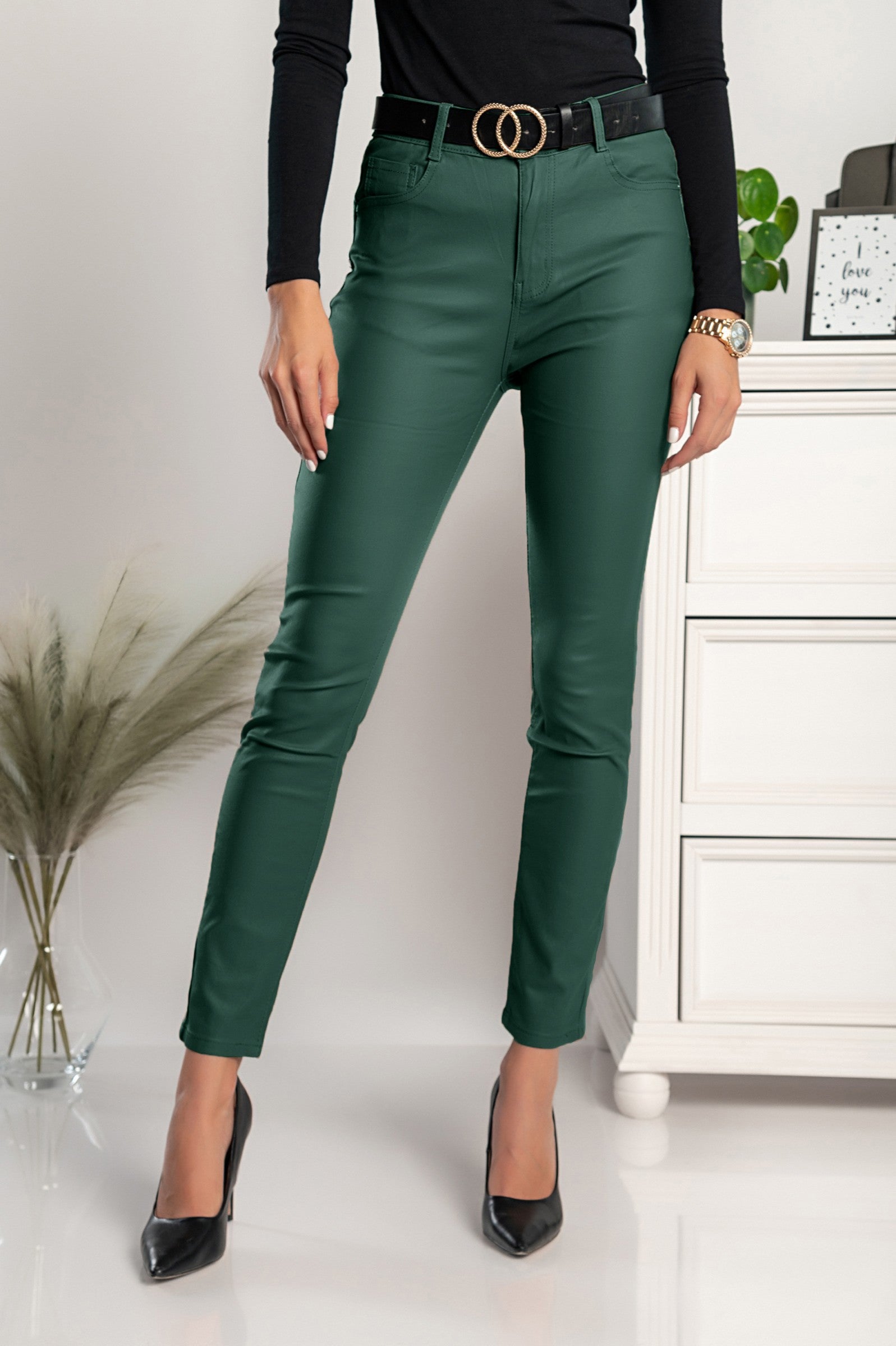 Faux Leather Tight Pants Roda in Petrol, featuring a sleek design with straight legs, zip fly, and pockets, made from stretchy fabric.