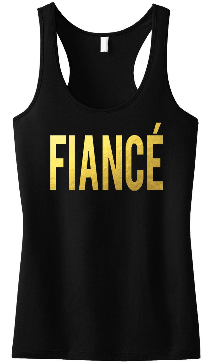 Black FIANCE tank top featuring a stylish gold foil print, perfect for brides-to-be, displayed on a mannequin.