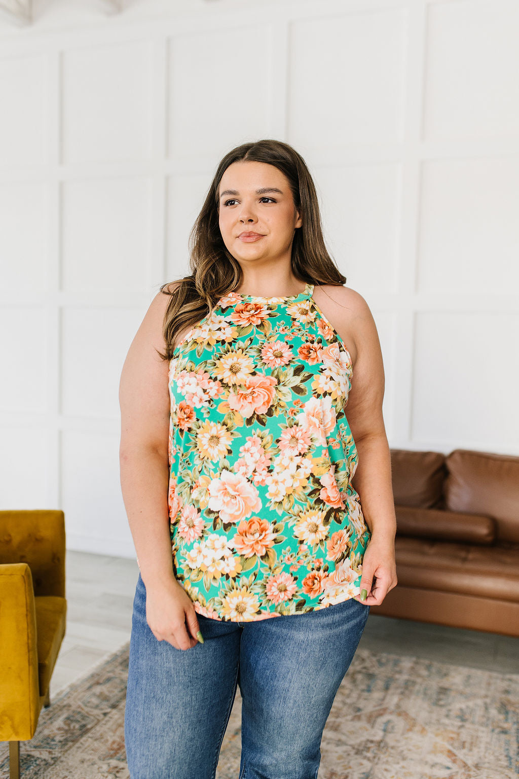 Fiddle Dee Dee Floral Halter Top featuring a vibrant teal color with large floral patterns, made from soft brushed microfiber fabric.