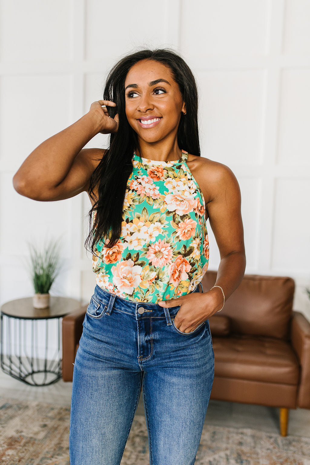 Fiddle Dee Dee Floral Halter Top featuring a vibrant teal color with large floral patterns, made from soft brushed microfiber fabric.