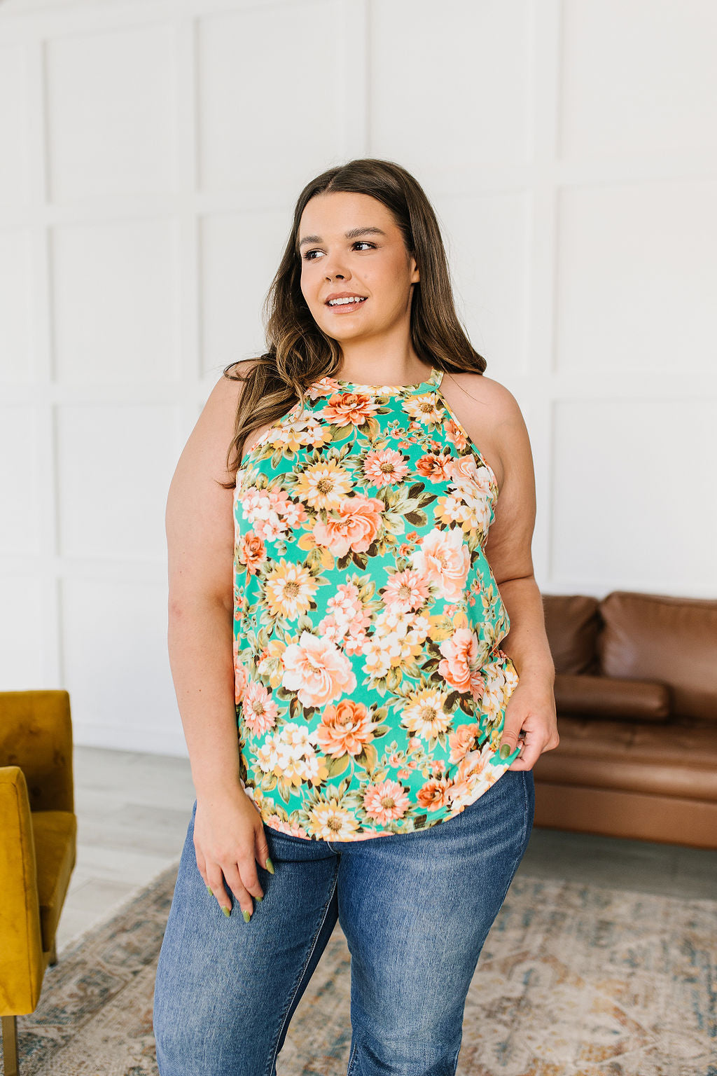Fiddle Dee Dee Floral Halter Top featuring a vibrant teal color with large floral patterns, made from soft brushed microfiber fabric.
