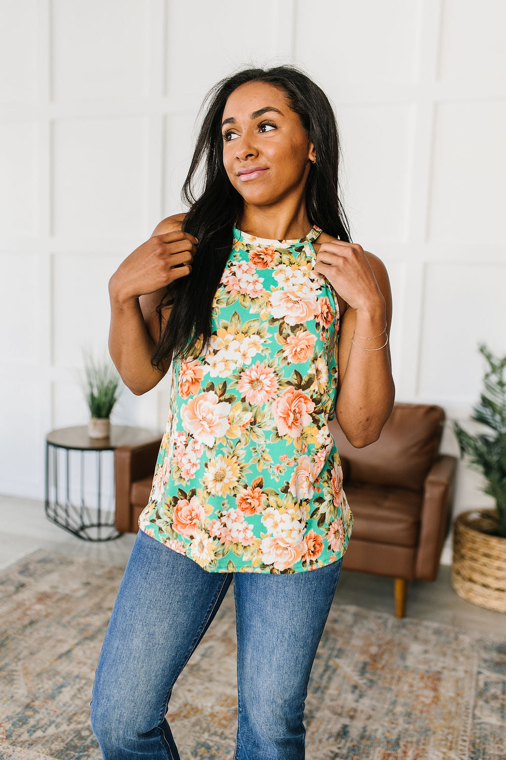 Fiddle Dee Dee Floral Halter Top featuring a vibrant teal color with large floral patterns, made from soft brushed microfiber fabric.