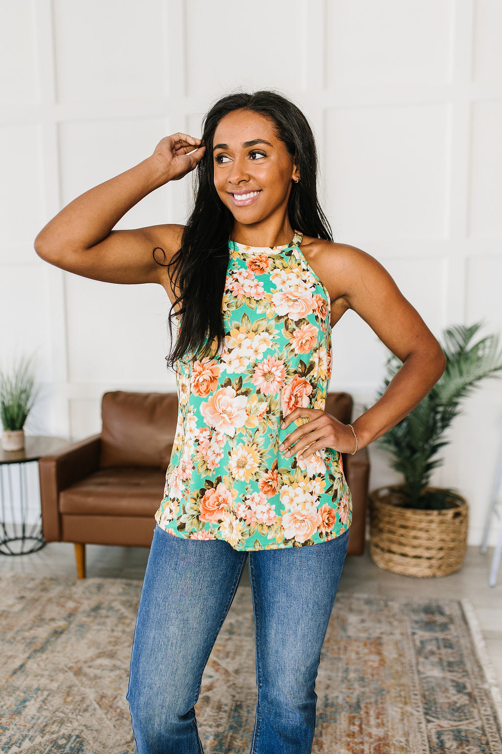Fiddle Dee Dee Floral Halter Top featuring a vibrant teal color with large floral patterns, made from soft brushed microfiber fabric.