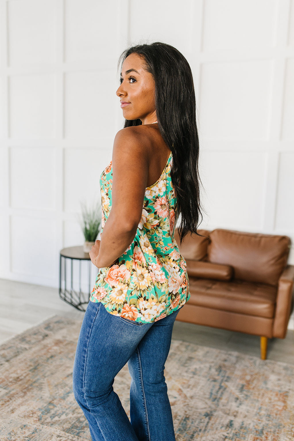 Fiddle Dee Dee Floral Halter Top featuring a vibrant teal color with large floral patterns, made from soft brushed microfiber fabric.