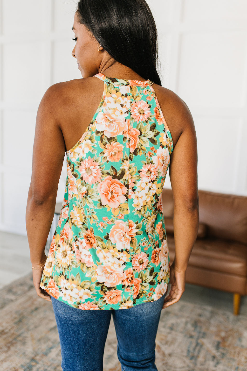 Fiddle Dee Dee Floral Halter Top featuring a vibrant teal color with large floral patterns, made from soft brushed microfiber fabric.
