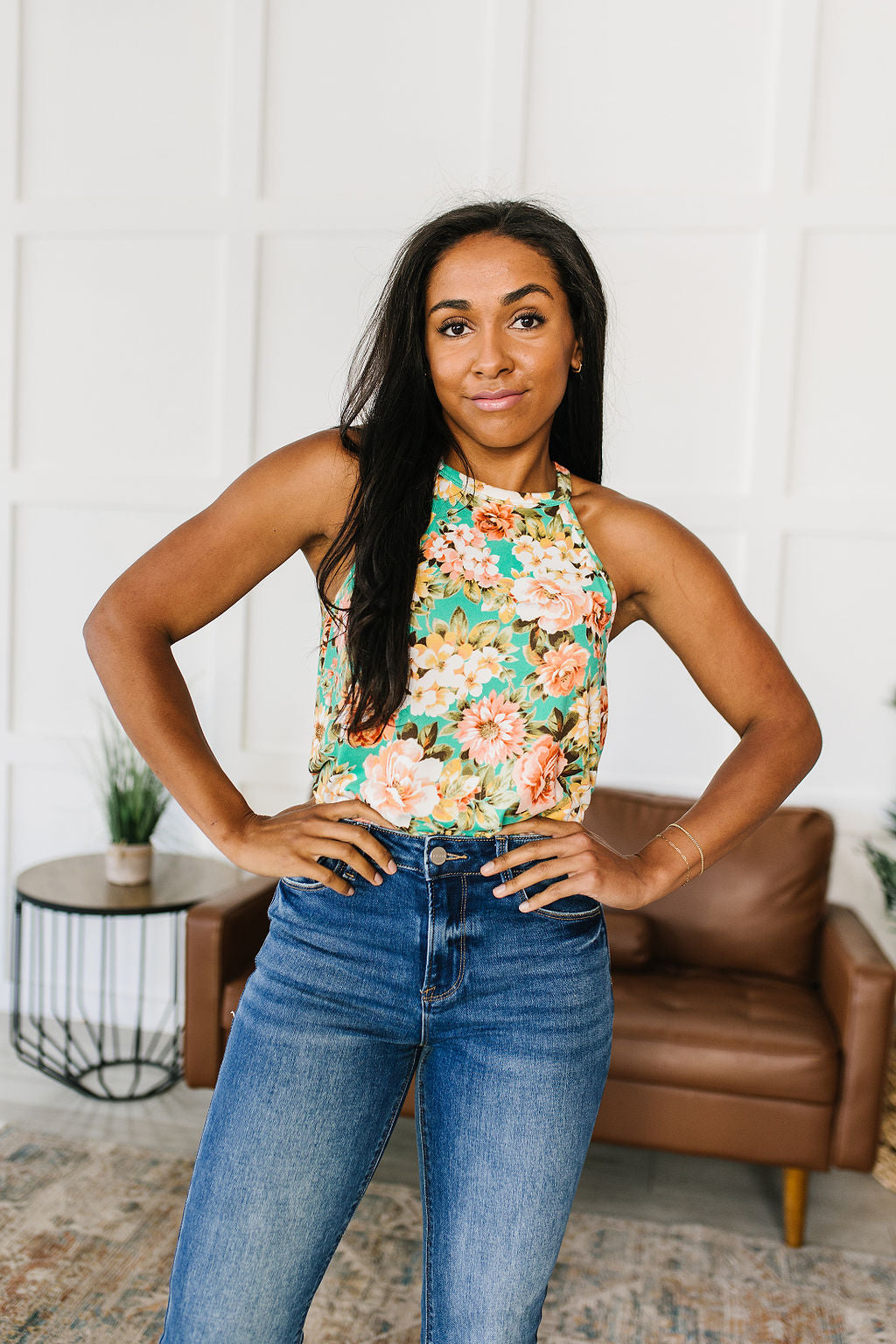Fiddle Dee Dee Floral Halter Top featuring a vibrant teal color with large floral patterns, made from soft brushed microfiber fabric.