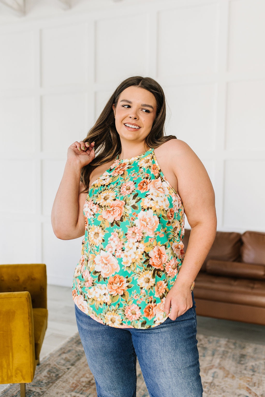 Fiddle Dee Dee Floral Halter Top featuring a vibrant teal color with large floral patterns, made from soft brushed microfiber fabric.