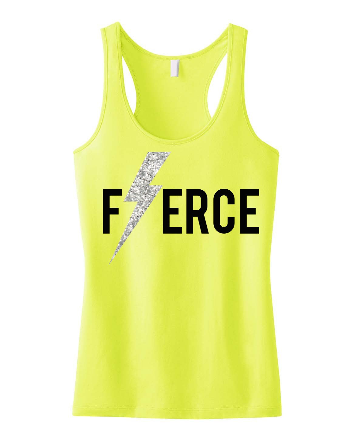 FIERCE Glitter Lightning Workout Tank Top in yellow with a glitter lightning print, showcasing a racerback design.