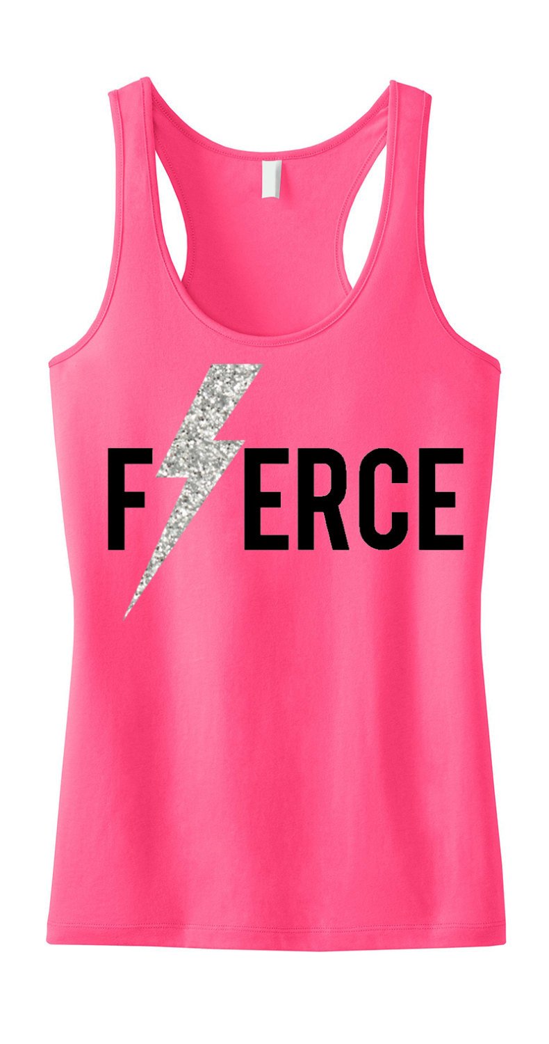 FIERCE Glitter Lightning Workout Tank Top in yellow with a glitter lightning print, showcasing a racerback design.