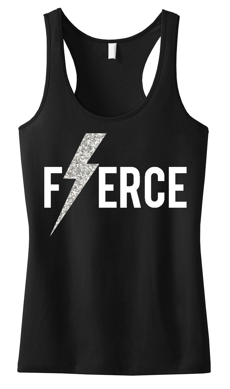 FIERCE Glitter Lightning Workout Tank Top in yellow with a glitter lightning print, showcasing a racerback design.