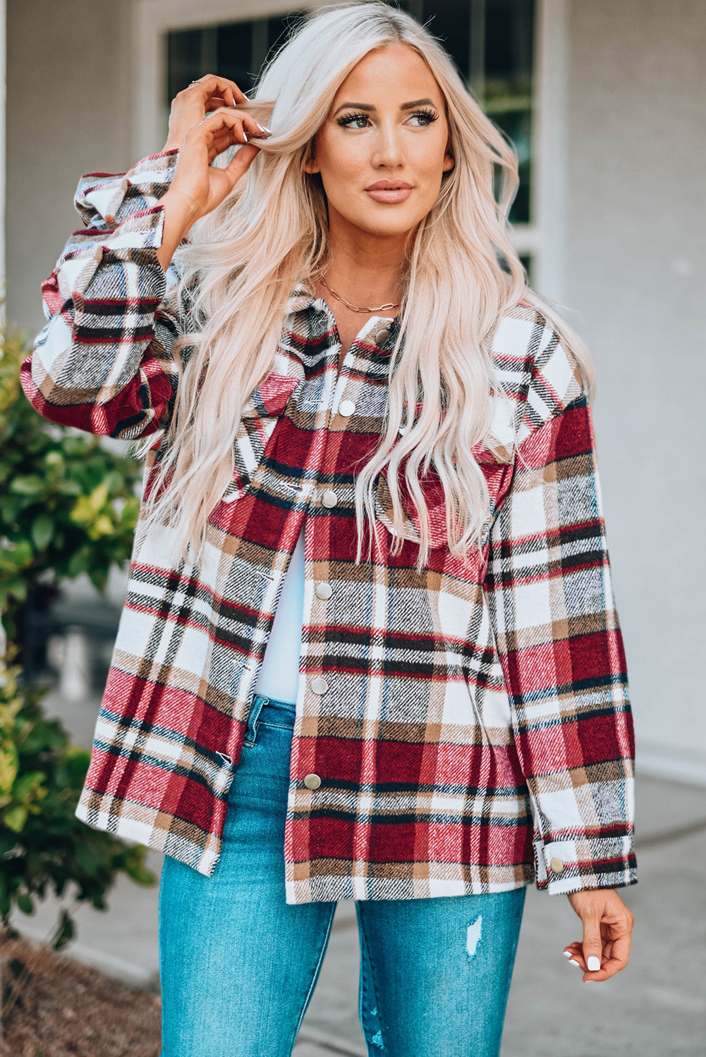 A cozy Fiery Red Geometric Plaid Print Pocketed Shacket featuring a button front, long sleeves, and large front pockets, perfect for chilly weather.