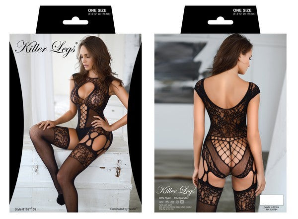 A seductive Fishnet Two Piece Garter Bodystocking featuring shredded details and a matching top, perfect for enhancing allure.