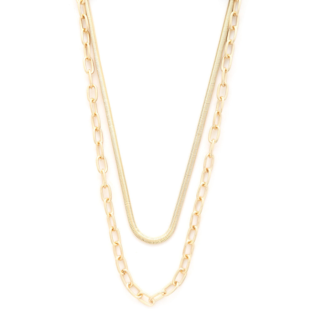 Flat Snake Oval Link Layered Necklace in gold, featuring a unique layered design with flat snake and oval links.