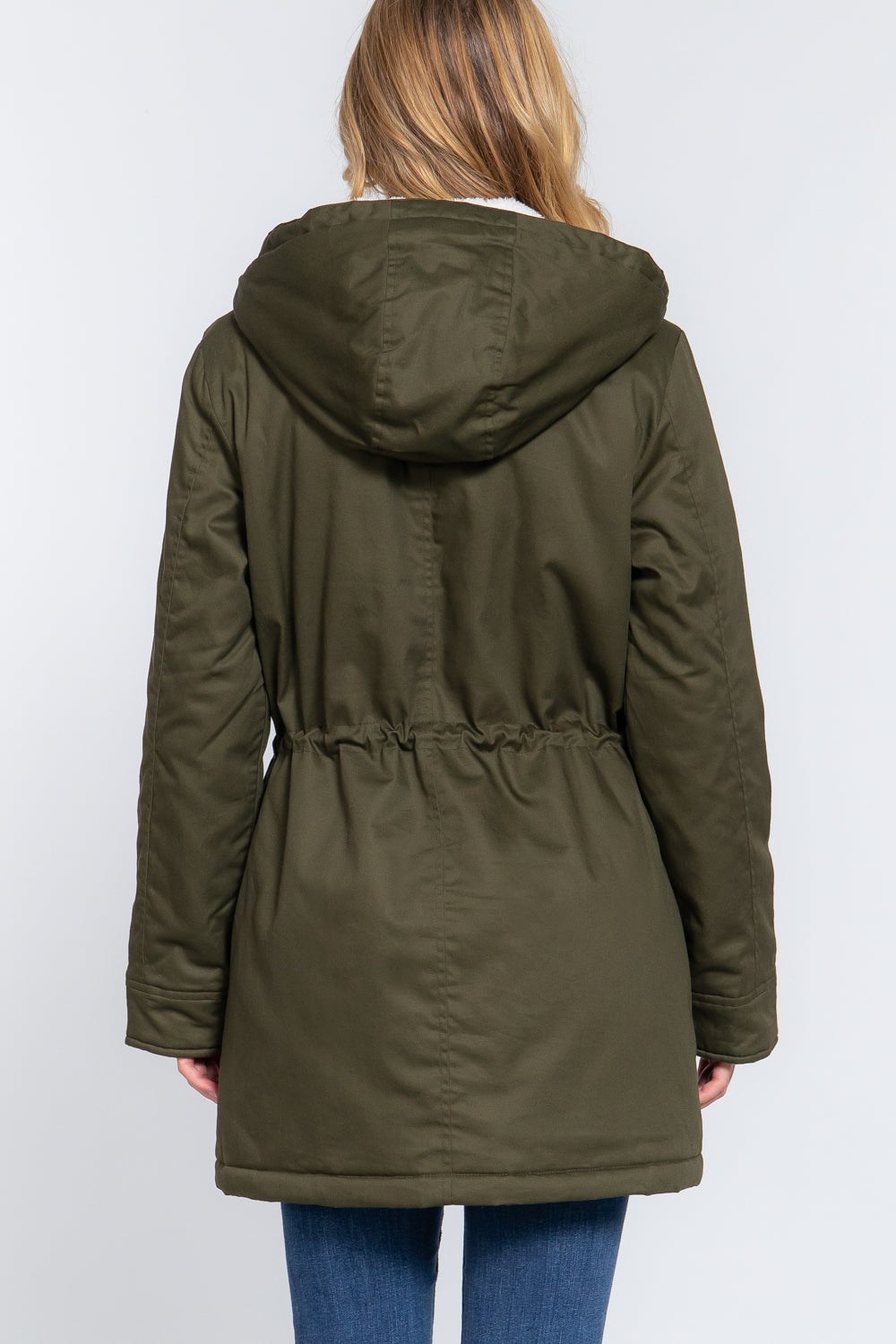 Fleece Lined Fur Hoodie Utility Jacket in olive color, featuring a plush fur hood and adjustable drawstring.
