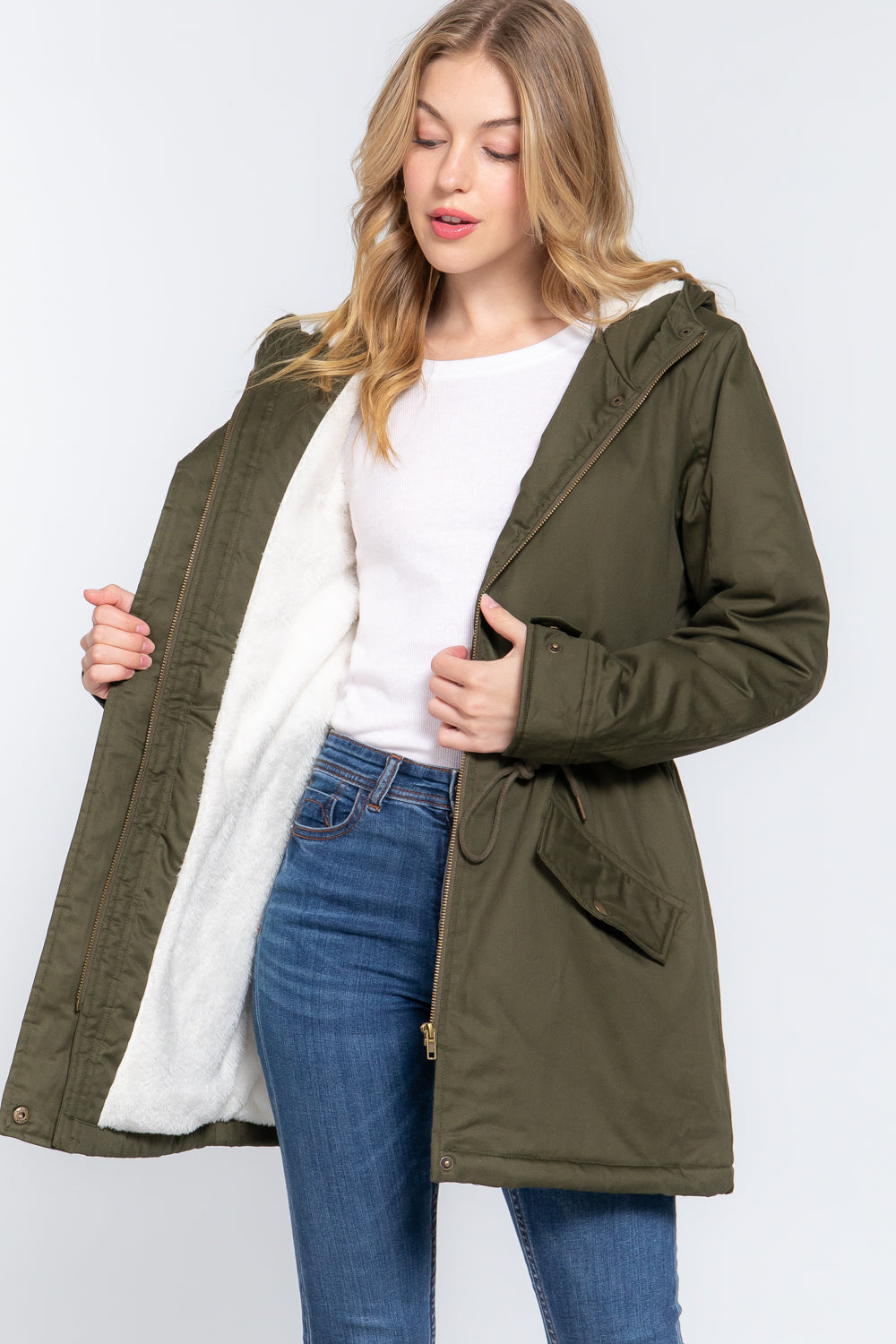Fleece Lined Fur Hoodie Utility Jacket in olive color, featuring a plush fur hood and adjustable drawstring.