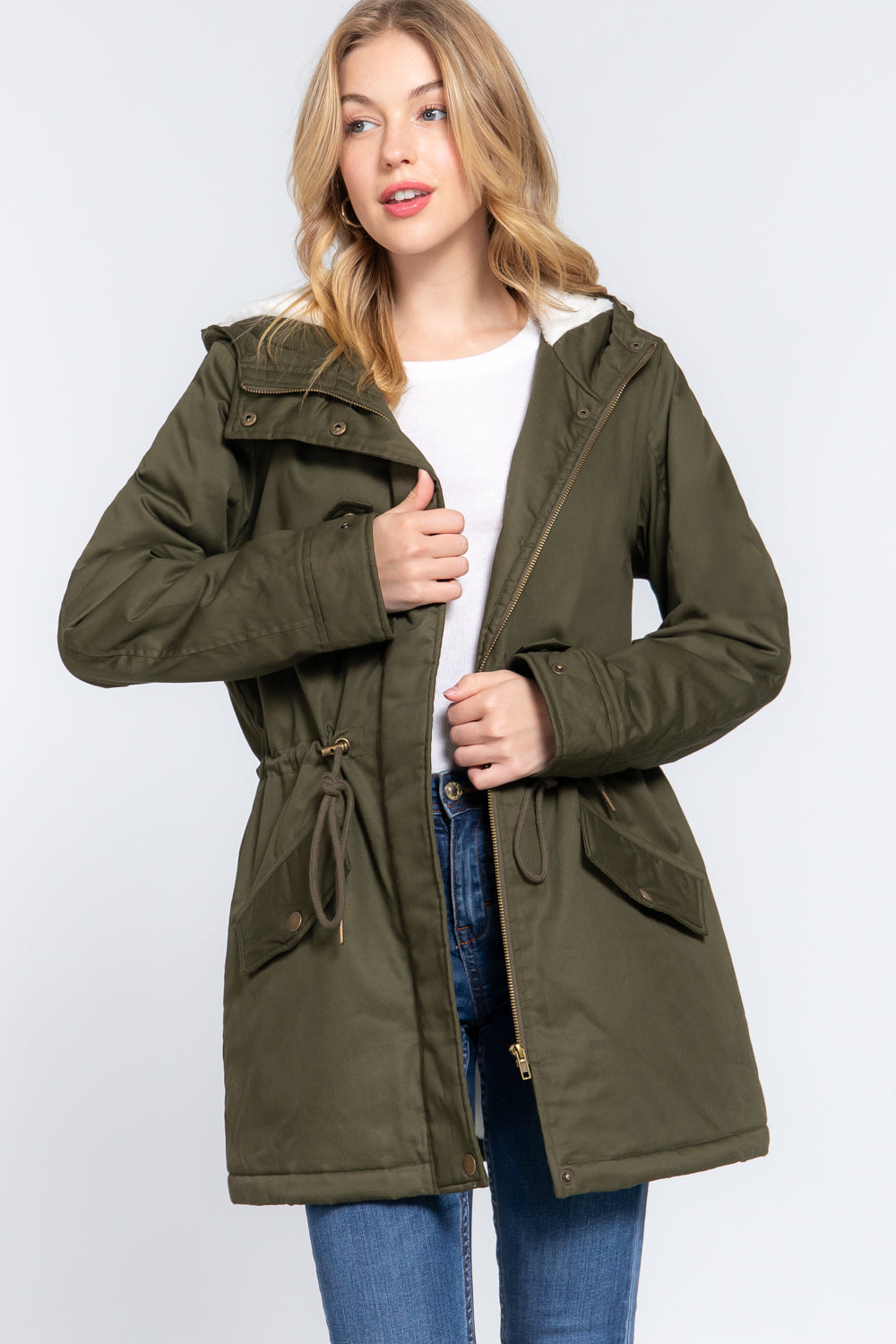 Fleece Lined Fur Hoodie Utility Jacket in olive color, featuring a plush fur hood and adjustable drawstring.