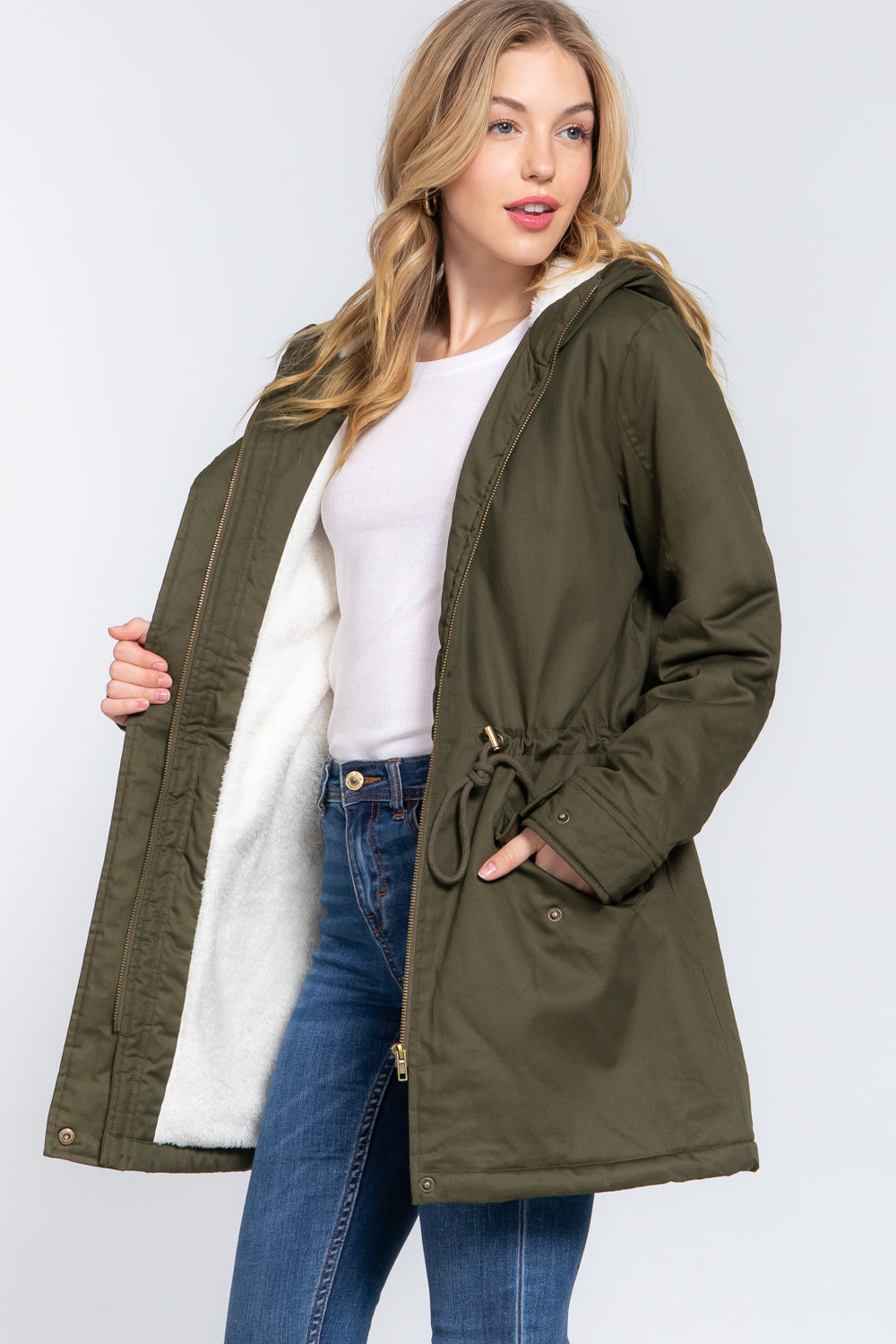 Fleece Lined Fur Hoodie Utility Jacket in olive color, featuring a plush fur hood and adjustable drawstring.