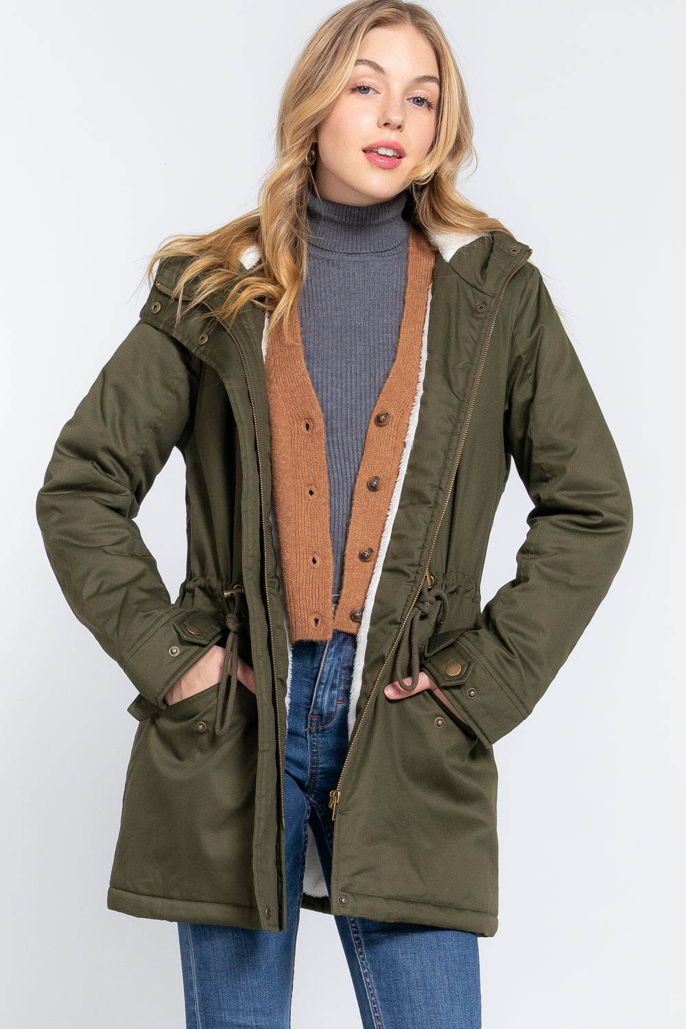 Fleece Lined Fur Hoodie Utility Jacket in olive color, featuring a plush fur hood and adjustable drawstring.