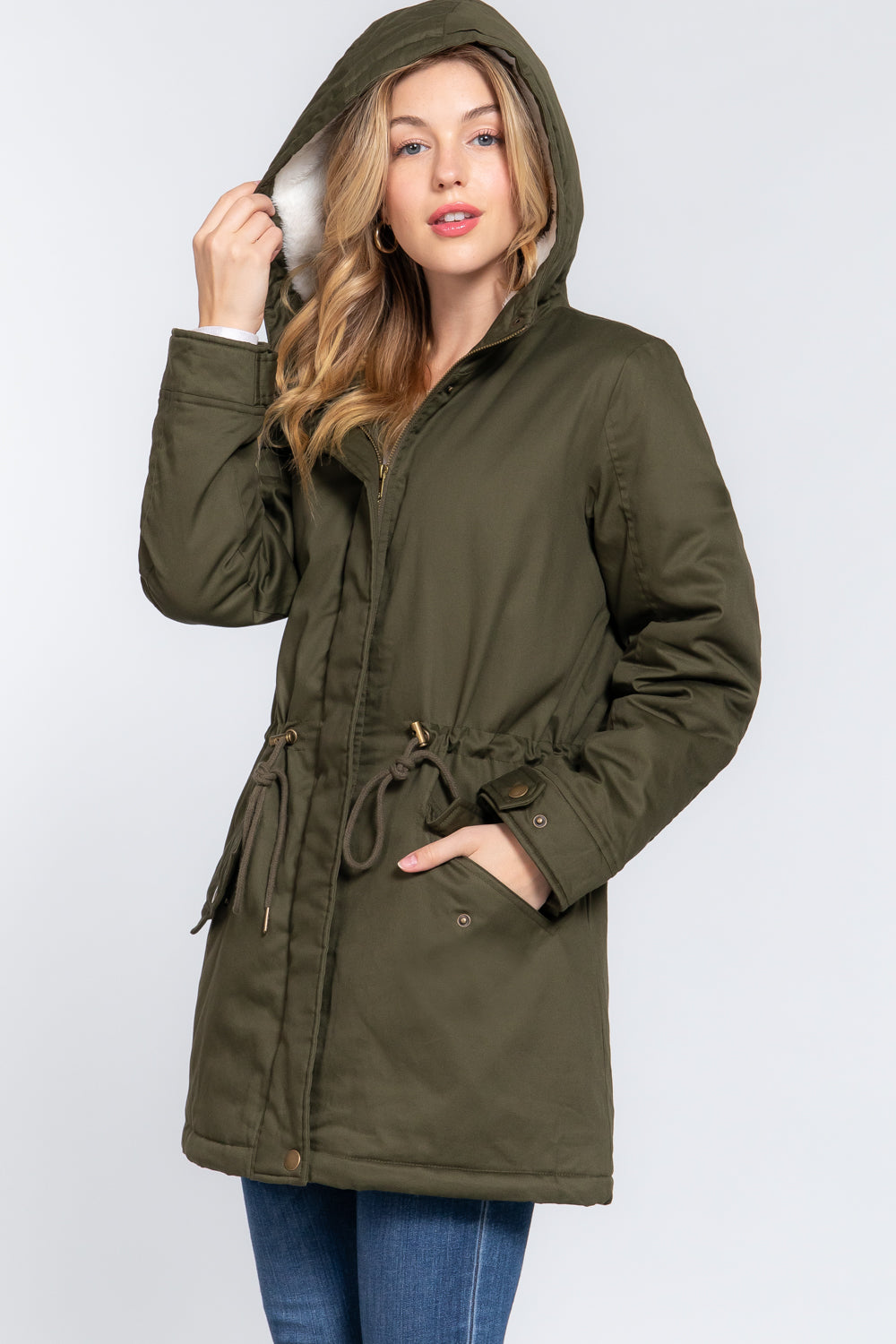 Fleece Lined Fur Hoodie Utility Jacket in olive color, featuring a plush fur hood and adjustable drawstring.