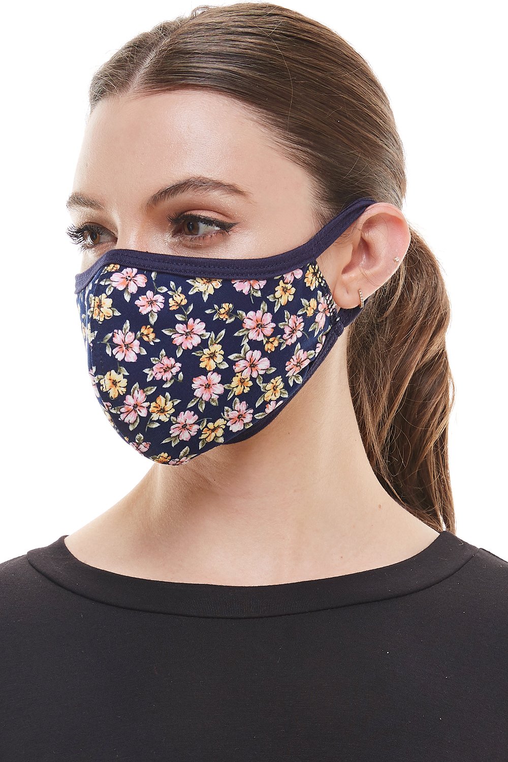 Floral print fashion mask with ear loops, made from breathable fabric, showcasing vibrant colors and a stylish design.