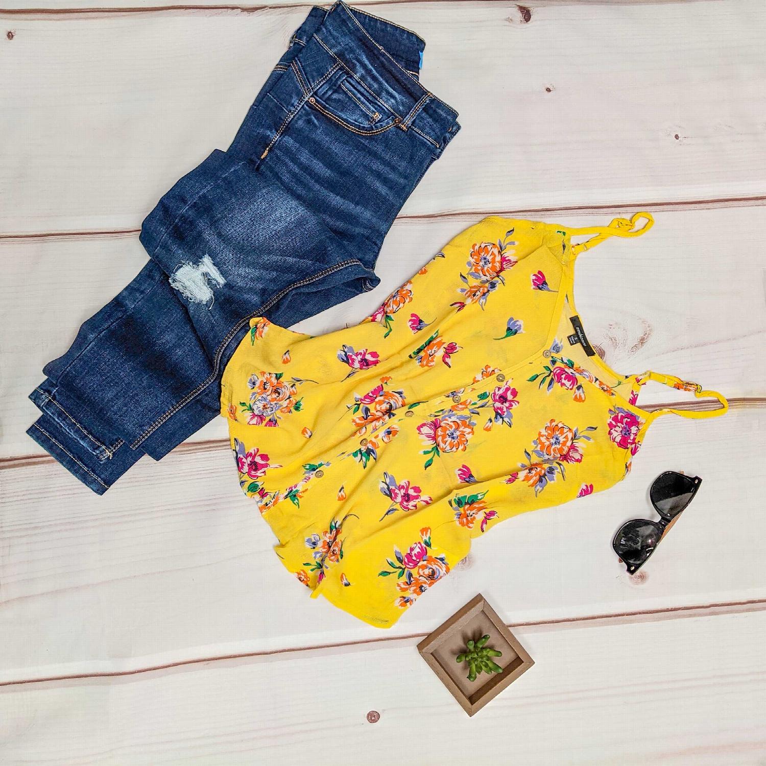 Floral Print Button-front V-neck Cami Top featuring vibrant flowers on a solid background, perfect for summer wear.