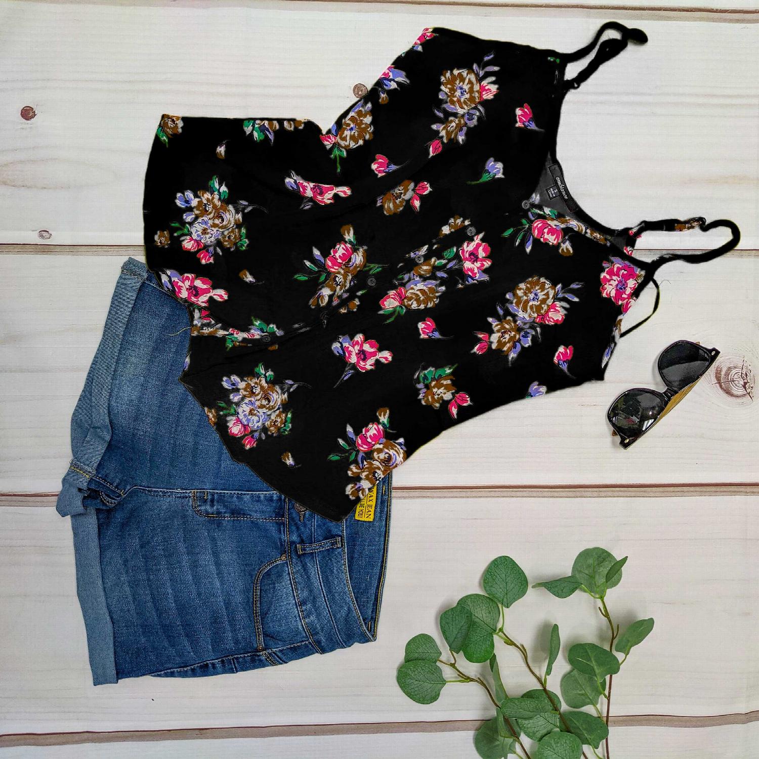 Floral Print Button-front V-neck Cami Top featuring vibrant flowers on a solid background, perfect for summer wear.