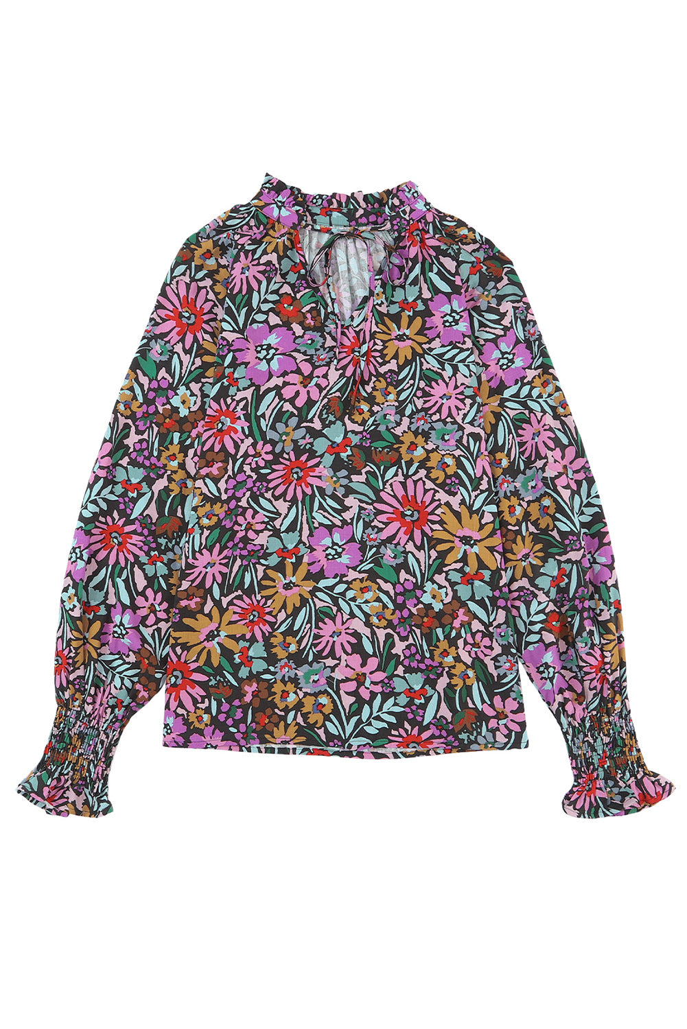 Floral Print Ruffled Long Sleeve V-Neck Blouse featuring a vibrant floral pattern and elegant ruffled details.