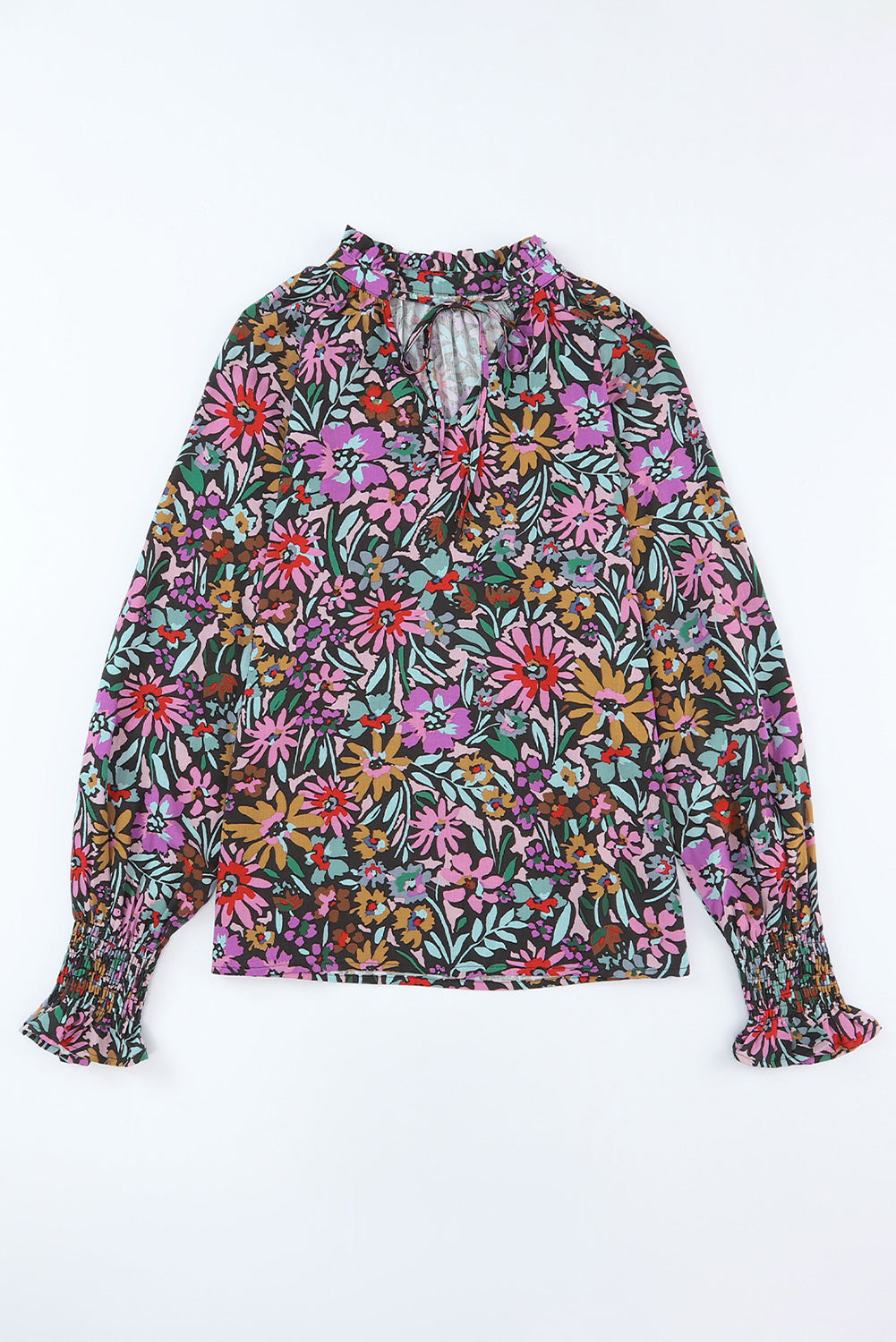 Floral Print Ruffled Long Sleeve V-Neck Blouse featuring a vibrant floral pattern and elegant ruffled details.