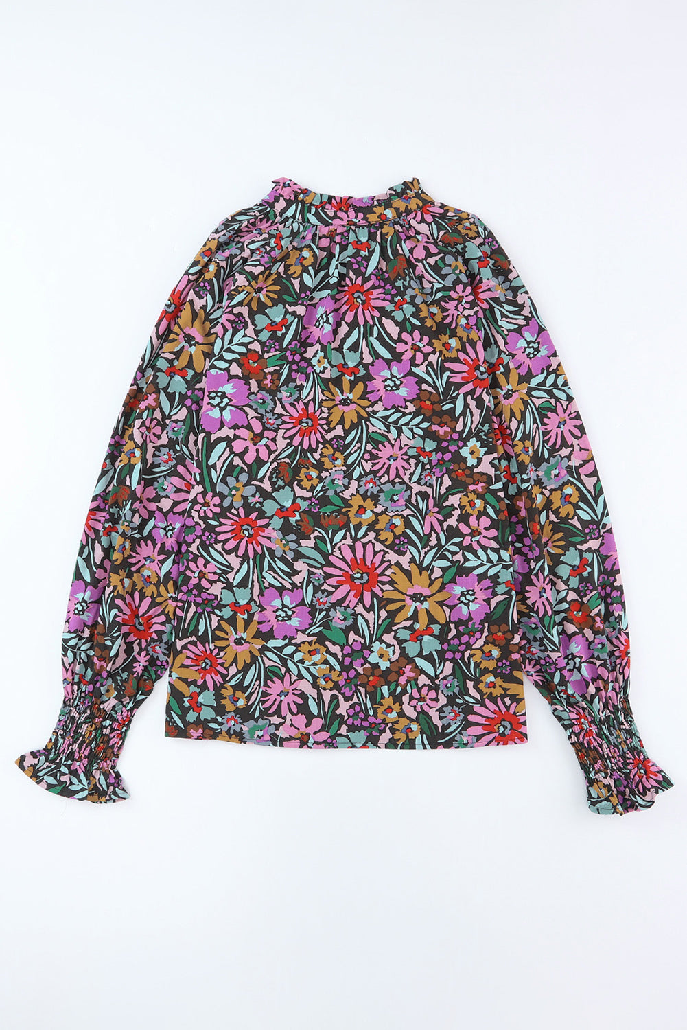 Floral Print Ruffled Long Sleeve V-Neck Blouse featuring a vibrant floral pattern and elegant ruffled details.