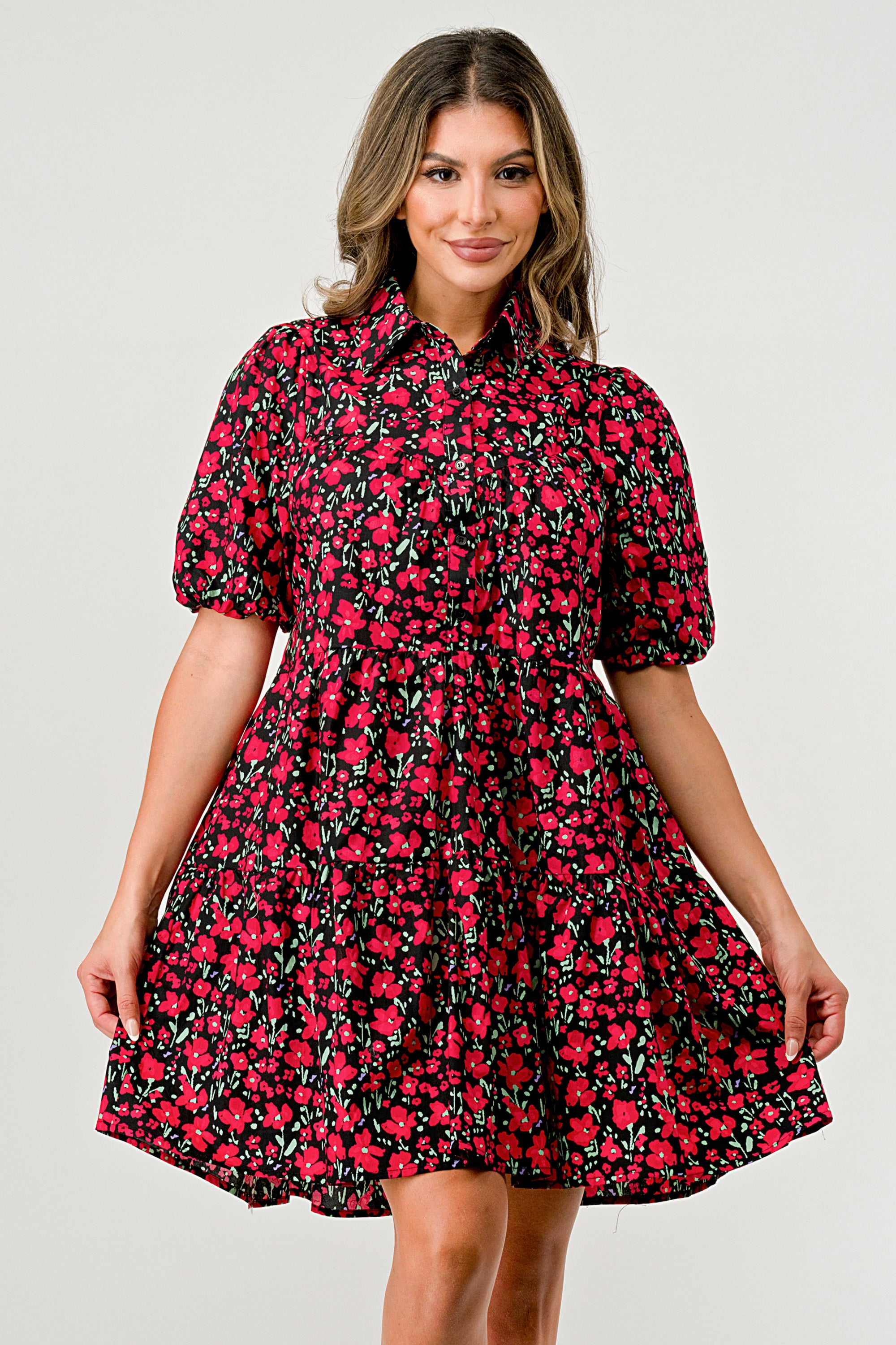 Floral Print Tiered Dress featuring puff sleeves and button-down front, perfect for casual outings.