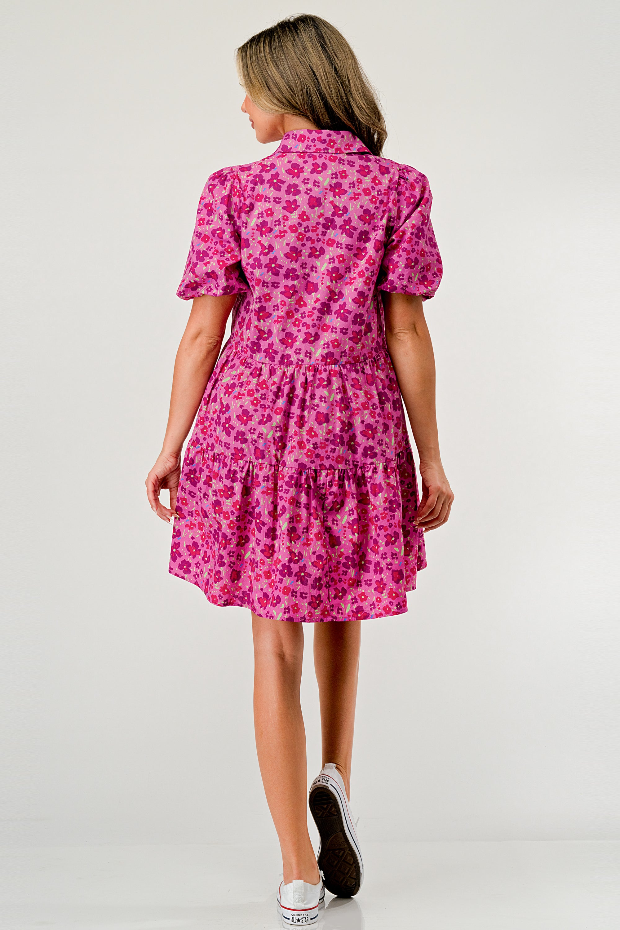 Floral Print Tiered Dress featuring puff sleeves and button-down front, perfect for casual outings.