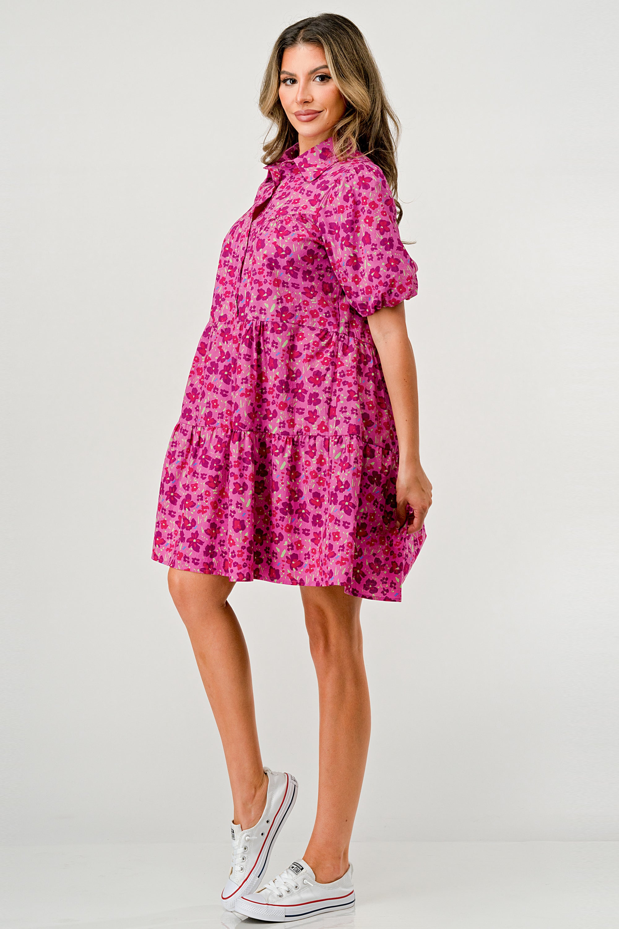 Floral Print Tiered Dress featuring puff sleeves and button-down front, perfect for casual outings.