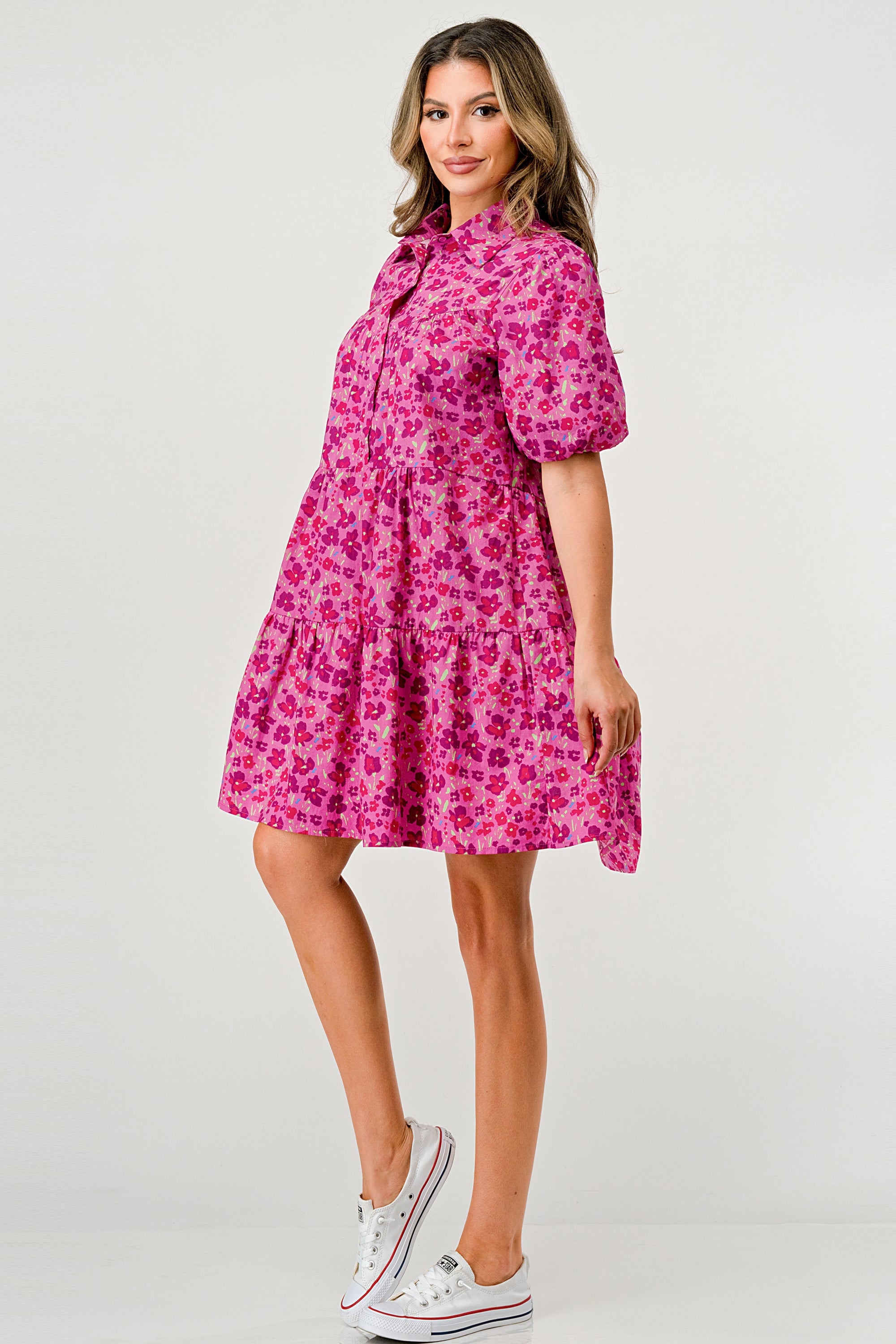Floral Print Tiered Dress featuring puff sleeves and button-down front, perfect for casual outings.