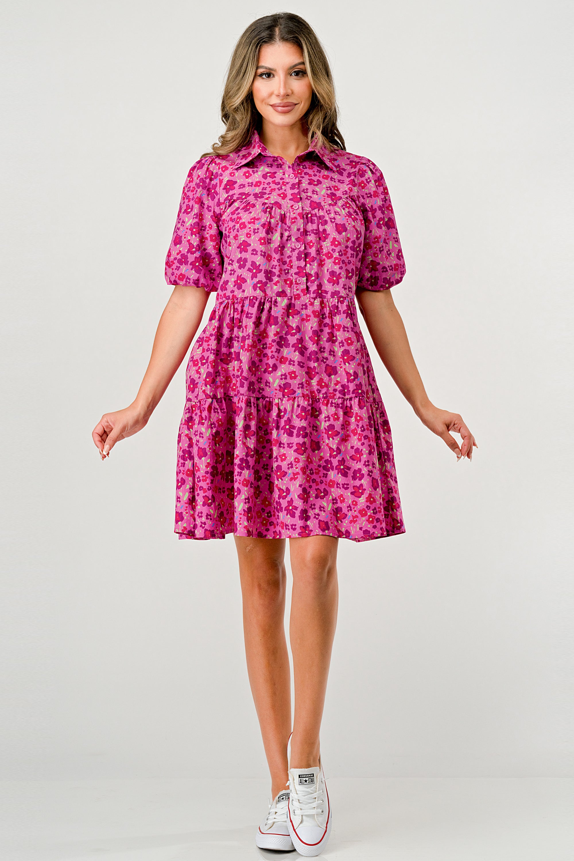 Floral Print Tiered Dress featuring puff sleeves and button-down front, perfect for casual outings.